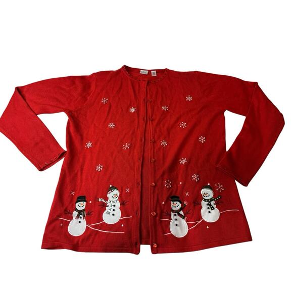 Medium Wish For Joy Holiday Sweater Red Snowman Christmas Winter Cardigan - Picture 1 of 9